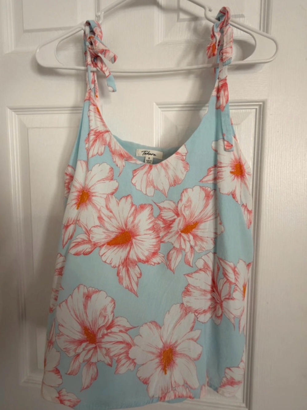 Takara Light Blue Floral Tie-Shoulder blouse with Coral Accents